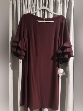 Women's Burgundy Midi Dress with Layered Ruffle Sleeves